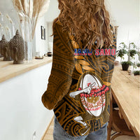 Samoa Rugby Women Casual Shirt Manu Samoa Ula Fala Dabbing Ball Polynesian Gold Version LT14 - Polynesian Pride