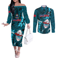 Samoa Rugby Couples Matching Off The Shoulder Long Sleeve Dress and Long Sleeve Button Shirts Manu Samoa Ula Fala Dabbing Ball Polynesian Turquoise Version LT14 Turquoise - Polynesian Pride
