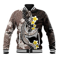 Brown and Black Hawaii Shark Tattoo Baseball Jacket Puakenikeni Lei Plumeria Polynesian Pattern - Polynesian Pride