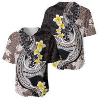 Brown and Black Hawaii Shark Tattoo Baseball Jersey Puakenikeni Lei Plumeria Polynesian Pattern - Polynesian Pride