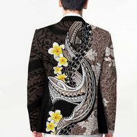 Brown and Black Hawaii Shark Tattoo Blazer Puakenikeni Lei Plumeria Polynesian Pattern LT14 - Polynesian Pride