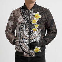 Brown and Black Hawaii Shark Tattoo Bomber Puffer Jacket Puakenikeni Lei Plumeria Polynesian Pattern LT14 - Polynesian Pride
