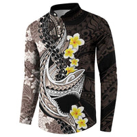 Brown and Black Hawaii Shark Tattoo Button Sweatshirt Puakenikeni Lei Plumeria Polynesian Pattern - Polynesian Pride