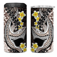 Brown and Black Hawaii Shark Tattoo 4 in 1 Can Cooler Tumbler Puakenikeni Lei Plumeria Polynesian Pattern - Polynesian Pride