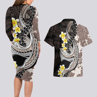 Brown and Black Hawaii Shark Tattoo Couples Matching Long Sleeve Bodycon Dress and Hawaiian Shirt Puakenikeni Lei Plumeria Polynesian Pattern - Polynesian Pride