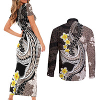 Brown and Black Hawaii Shark Tattoo Couples Matching Short Sleeve Bodycon Dress and Long Sleeve Button Shirt Puakenikeni Lei Plumeria Polynesian Pattern - Polynesian Pride