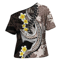 Brown and Black Hawaii Shark Tattoo Cross Shoulder Shirt Puakenikeni Lei Plumeria Polynesian Pattern LT14 - Polynesian Pride