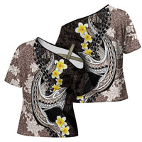 Brown and Black Hawaii Shark Tattoo Cross Shoulder Shirt Puakenikeni Lei Plumeria Polynesian Pattern LT14 - Polynesian Pride