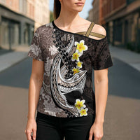 Brown and Black Hawaii Shark Tattoo Cross Shoulder Shirt Puakenikeni Lei Plumeria Polynesian Pattern LT14 - Polynesian Pride