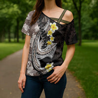Brown and Black Hawaii Shark Tattoo Cross Shoulder Shirt Puakenikeni Lei Plumeria Polynesian Pattern LT14 - Polynesian Pride