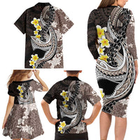 Brown and Black Hawaii Shark Tattoo Family Matching Long Sleeve Bodycon Dress and Hawaiian Shirt Puakenikeni Lei Plumeria Polynesian Pattern - Polynesian Pride