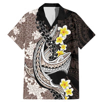 Brown and Black Hawaii Shark Tattoo Family Matching Mermaid Dress and Hawaiian Shirt Puakenikeni Lei Plumeria Polynesian Pattern - Polynesian Pride