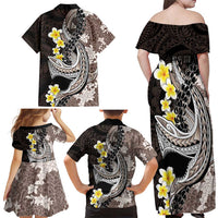 Brown and Black Hawaii Shark Tattoo Family Matching Off Shoulder Maxi Dress and Hawaiian Shirt Puakenikeni Lei Plumeria Polynesian Pattern - Polynesian Pride