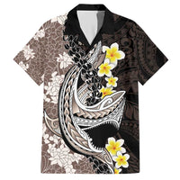 Brown and Black Hawaii Shark Tattoo Hawaiian Shirt Puakenikeni Lei Plumeria Polynesian Pattern - Polynesian Pride