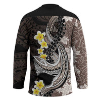 Brown and Black Hawaii Shark Tattoo Hockey Jersey Puakenikeni Lei Plumeria Polynesian Pattern - Polynesian Pride