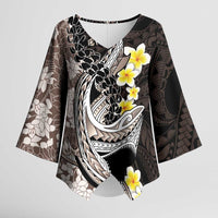 Brown and Black Hawaii Shark Tattoo Kimono Sleeve Blouse Puakenikeni Lei Plumeria Polynesian Pattern - Polynesian Pride