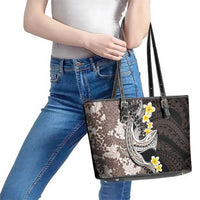 Brown and Black Hawaii Shark Tattoo Leather Tote Bag Puakenikeni Lei Plumeria Polynesian Pattern - Polynesian Pride