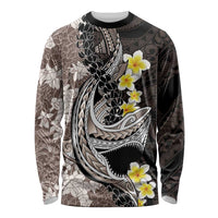 Brown and Black Hawaii Shark Tattoo Long Sleeve Shirt Puakenikeni Lei Plumeria Polynesian Pattern - Polynesian Pride