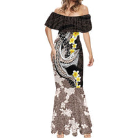 Brown and Black Hawaii Shark Tattoo Mermaid Dress Puakenikeni Lei Plumeria Polynesian Pattern - Polynesian Pride