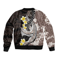Brown and Black Hawaii Shark Tattoo Sleeve Zip Bomber Jacket Puakenikeni Lei Plumeria Polynesian Pattern - Polynesian Pride