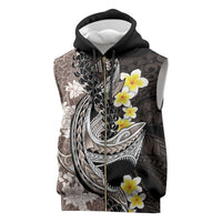 Brown and Black Hawaii Shark Tattoo Sleeveless Zip Hoodie Puakenikeni Lei Plumeria Polynesian Pattern LT14 Black - Polynesian Pride