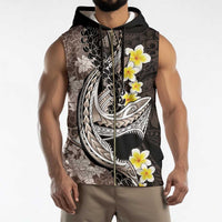 Brown and Black Hawaii Shark Tattoo Sleeveless Zip Hoodie Puakenikeni Lei Plumeria Polynesian Pattern - Polynesian Pride