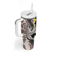 Brown and Black Hawaii Shark Tattoo Tumbler With Handle Puakenikeni Lei Plumeria Polynesian Pattern - Polynesian Pride