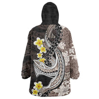 Brown and Black Hawaii Shark Tattoo Wearable Blanket Hoodie Puakenikeni Lei Plumeria Polynesian Pattern - Polynesian Pride