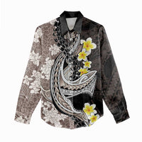 Brown and Black Hawaii Shark Tattoo Women Casual Shirt Puakenikeni Lei Plumeria Polynesian Pattern - Polynesian Pride
