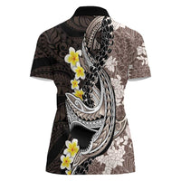Brown and Black Hawaii Shark Tattoo Women Polo Shirt Puakenikeni Lei Plumeria Polynesian Pattern - Polynesian Pride