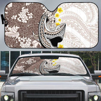 Brown and White Hawaii Shark Tattoo Auto Sun Shade Puakenikeni Lei Plumeria Polynesian Pattern - Polynesian Pride