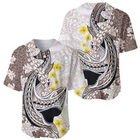 Brown and White Hawaii Shark Tattoo Baseball Jersey Puakenikeni Lei Plumeria Polynesian Pattern - Polynesian Pride