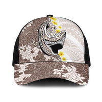 Brown and White Hawaii Shark Tattoo Baseball Net Cap Puakenikeni Lei Plumeria Polynesian Pattern - Polynesian Pride
