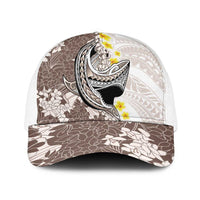 Brown and White Hawaii Shark Tattoo Baseball Net Cap Puakenikeni Lei Plumeria Polynesian Pattern - Polynesian Pride