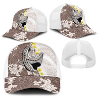 Brown and White Hawaii Shark Tattoo Baseball Net Cap Puakenikeni Lei Plumeria Polynesian Pattern - Polynesian Pride