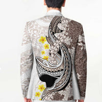Brown and White Hawaii Shark Tattoo Blazer Puakenikeni Lei Plumeria Polynesian Pattern - Polynesian Pride