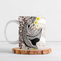 Brown and White Hawaii Shark Tattoo Ceramic Mug Puakenikeni Lei Plumeria Polynesian Pattern - Polynesian Pride