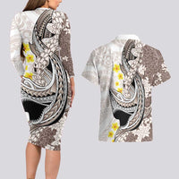 Brown and White Hawaii Shark Tattoo Couples Matching Long Sleeve Bodycon Dress and Hawaiian Shirt Puakenikeni Lei Plumeria Polynesian Pattern - Polynesian Pride