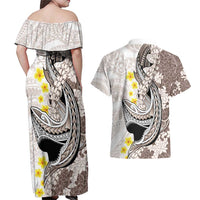 Brown and White Hawaii Shark Tattoo Couples Matching Off Shoulder Maxi Dress and Hawaiian Shirt Puakenikeni Lei Plumeria Polynesian Pattern - Polynesian Pride