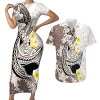 Brown and White Hawaii Shark Tattoo Couples Matching Short Sleeve Bodycon Dress and Hawaiian Shirt Puakenikeni Lei Plumeria Polynesian Pattern - Polynesian Pride
