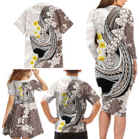Brown and White Hawaii Shark Tattoo Family Matching Long Sleeve Bodycon Dress and Hawaiian Shirt Puakenikeni Lei Plumeria Polynesian Pattern - Polynesian Pride