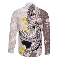 Brown and White Hawaii Shark Tattoo Family Matching Long Sleeve Bodycon Dress and Hawaiian Shirt Puakenikeni Lei Plumeria Polynesian Pattern - Polynesian Pride