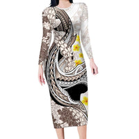 Brown and White Hawaii Shark Tattoo Family Matching Long Sleeve Bodycon Dress and Hawaiian Shirt Puakenikeni Lei Plumeria Polynesian Pattern - Polynesian Pride