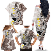 Brown and White Hawaii Shark Tattoo Family Matching Off The Shoulder Long Sleeve Dress and Hawaiian Shirt Puakenikeni Lei Plumeria Polynesian Pattern - Polynesian Pride