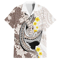 Brown and White Hawaii Shark Tattoo Family Matching Off The Shoulder Long Sleeve Dress and Hawaiian Shirt Puakenikeni Lei Plumeria Polynesian Pattern - Polynesian Pride