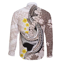 Brown and White Hawaii Shark Tattoo Family Matching Off The Shoulder Long Sleeve Dress and Hawaiian Shirt Puakenikeni Lei Plumeria Polynesian Pattern - Polynesian Pride