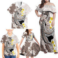 Brown and White Hawaii Shark Tattoo Family Matching Off Shoulder Maxi Dress and Hawaiian Shirt Puakenikeni Lei Plumeria Polynesian Pattern - Polynesian Pride