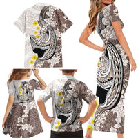 Brown and White Hawaii Shark Tattoo Family Matching Short Sleeve Bodycon Dress and Hawaiian Shirt Puakenikeni Lei Plumeria Polynesian Pattern - Polynesian Pride