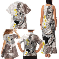 Brown and White Hawaii Shark Tattoo Family Matching Tank Maxi Dress and Hawaiian Shirt Puakenikeni Lei Plumeria Polynesian Pattern - Polynesian Pride
