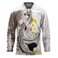 Brown and White Hawaii Shark Tattoo Hockey Jersey Puakenikeni Lei Plumeria Polynesian Pattern LT14 Unisex White - Polynesian Pride